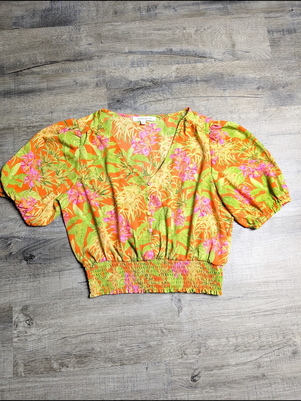 Rose & Olive Tropical Floral V-Neck Smocked Crop Top - Orange, Green & Pink